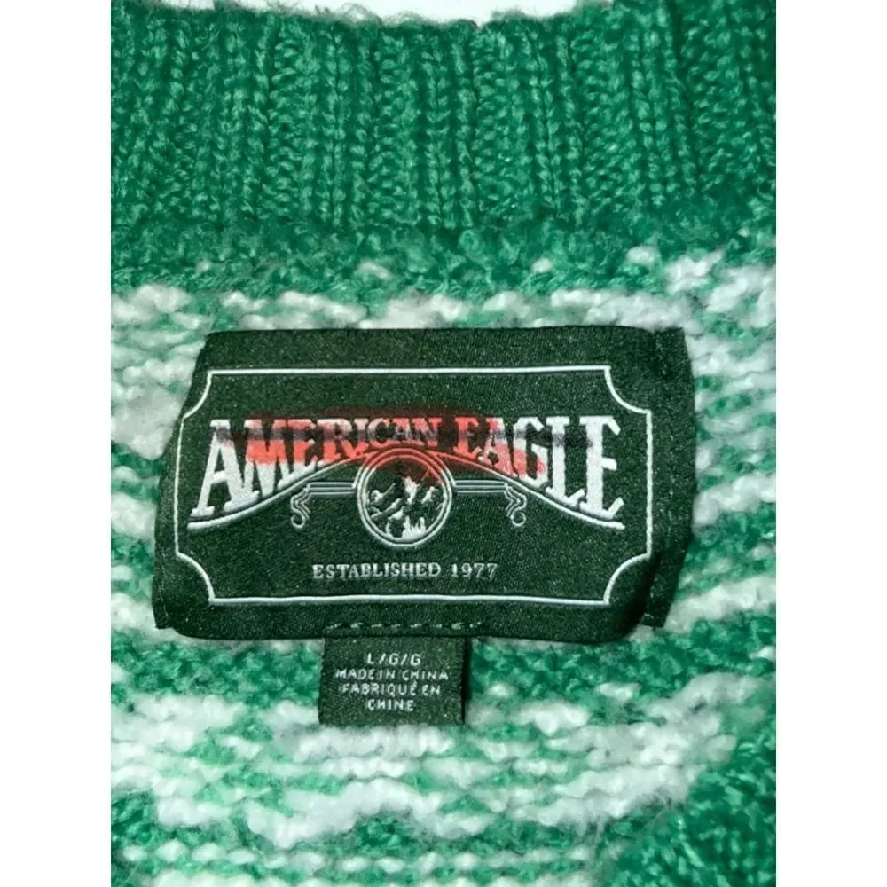 American Eagle Green Fair Isle Sweater Crewneck Snowdrift Warm Cozy Large St Pat